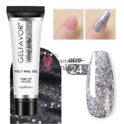 PolyGel UV /LED pentru unghii false GELFAVOR Gel For Nail Extension de 15 ml - GE0924 Glitter Silver